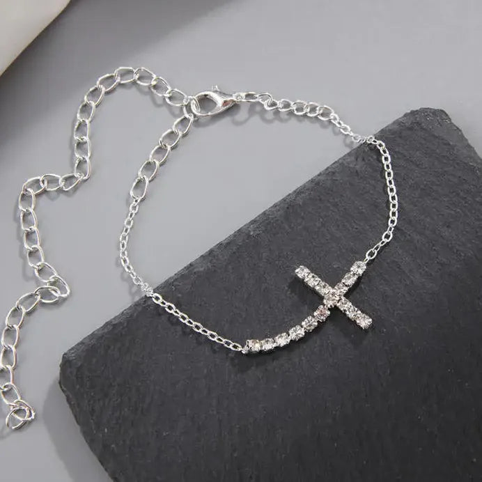 Rhinestone Cross Anklet for Women Zinc Alloy Fine Metal Ankle Chain Gift