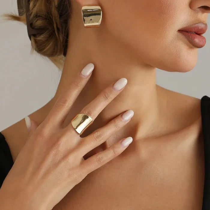 Square Geometric Stud Earrings and Ring Set for Women Jewelry Gift