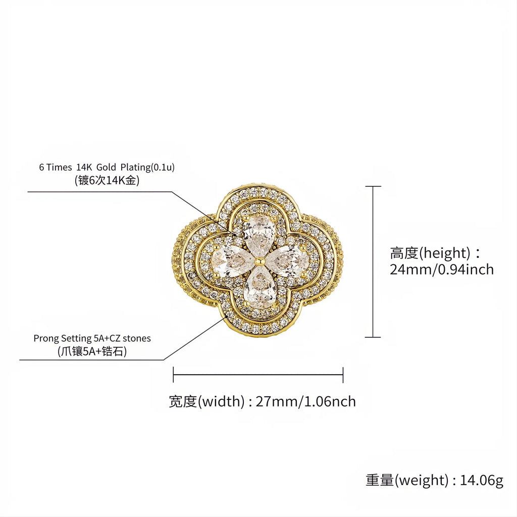 Iced Out Colorful Four Leaf Flower Ring Micro Pave CZ Bling Men Women Jewelry