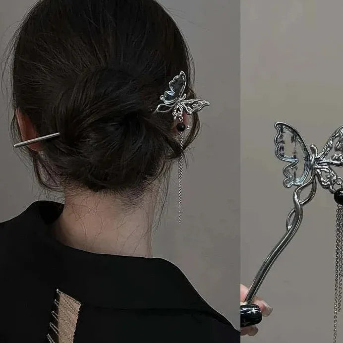2024 Chinese Style Butterfly Flower Tassel Zinc Alloy Hair Stick for Women