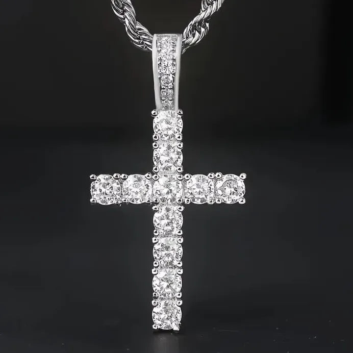 Women’s Cross Pendant Necklace with Long Chain and Cubic Zirconia Stones