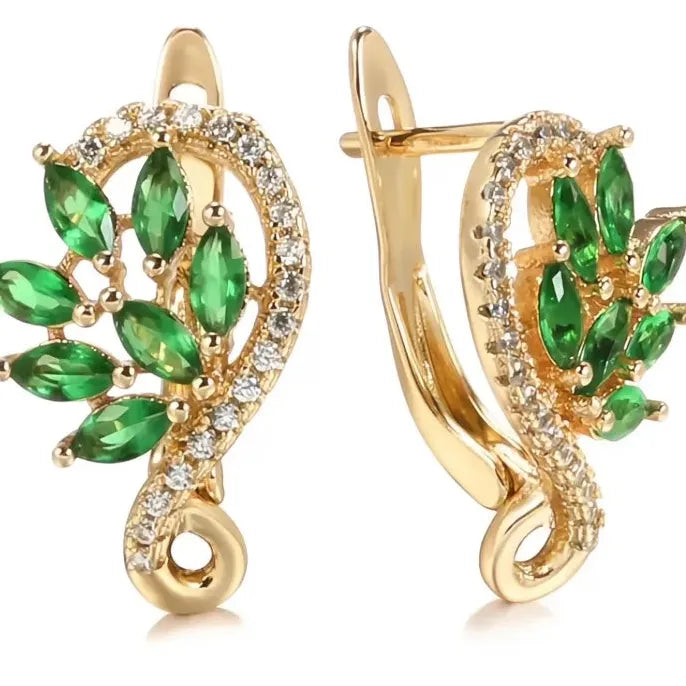 Women Copper Alloy Hoop Earrings with Leaf Design and Green Cubic Zirconia