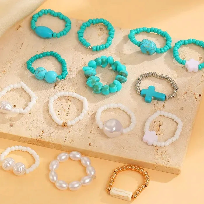 Cross Beads Ring Set for Women Ethnic Retro Blue Stone Jewelry Gift