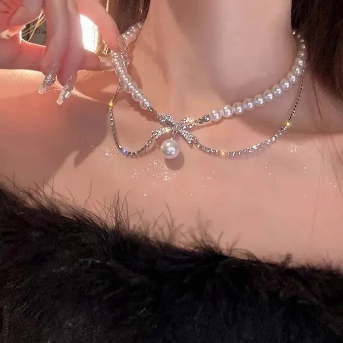 Pearl Bow Pendant Necklace Y2K Zircon Beads Tassel Double Clavicle Choker Gift