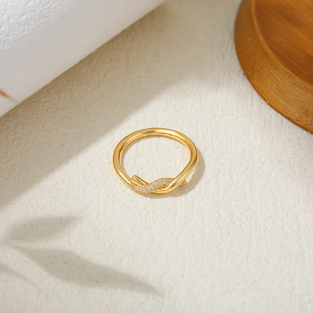 18K Gold Plated Stainless Steel Twist Knot Ring for Women with Cubic Zirconia