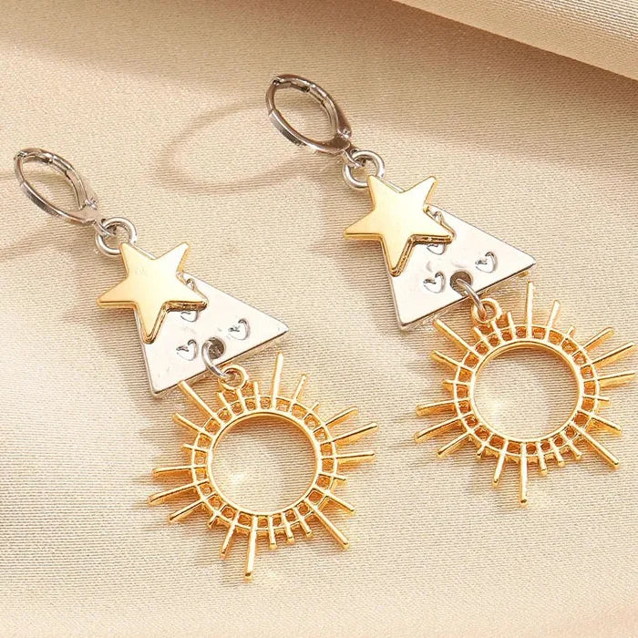Vintage Zinc Alloy Geometric Sun Star Heart Triangle Drop Earrings Gift