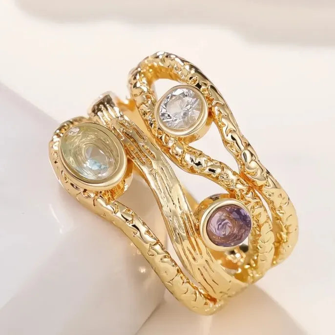Women’s Irregular Geometric Zinc Alloy Ring with Colored Glass Stone Wedding Band