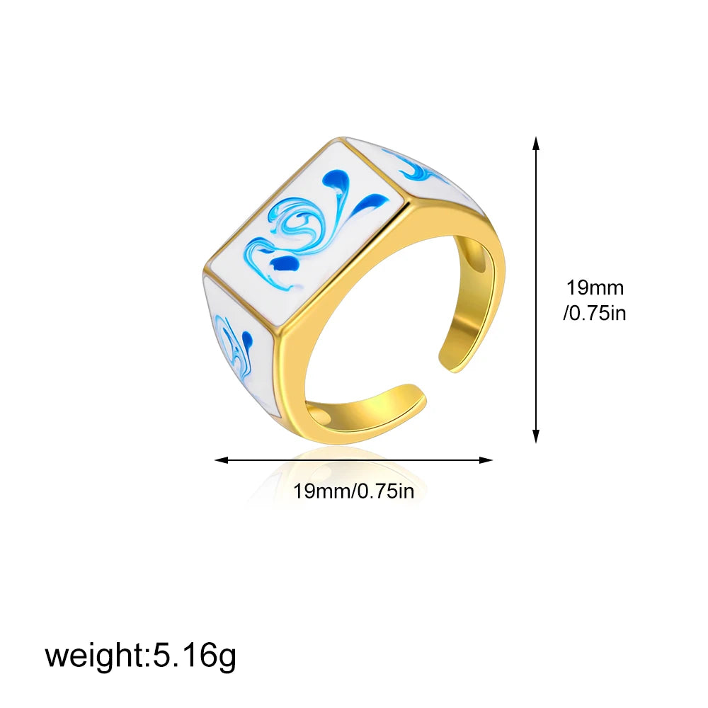 18k Gold Plated Stainless Steel Blue White Porcelain Waterdrop Dome Ring Geometric