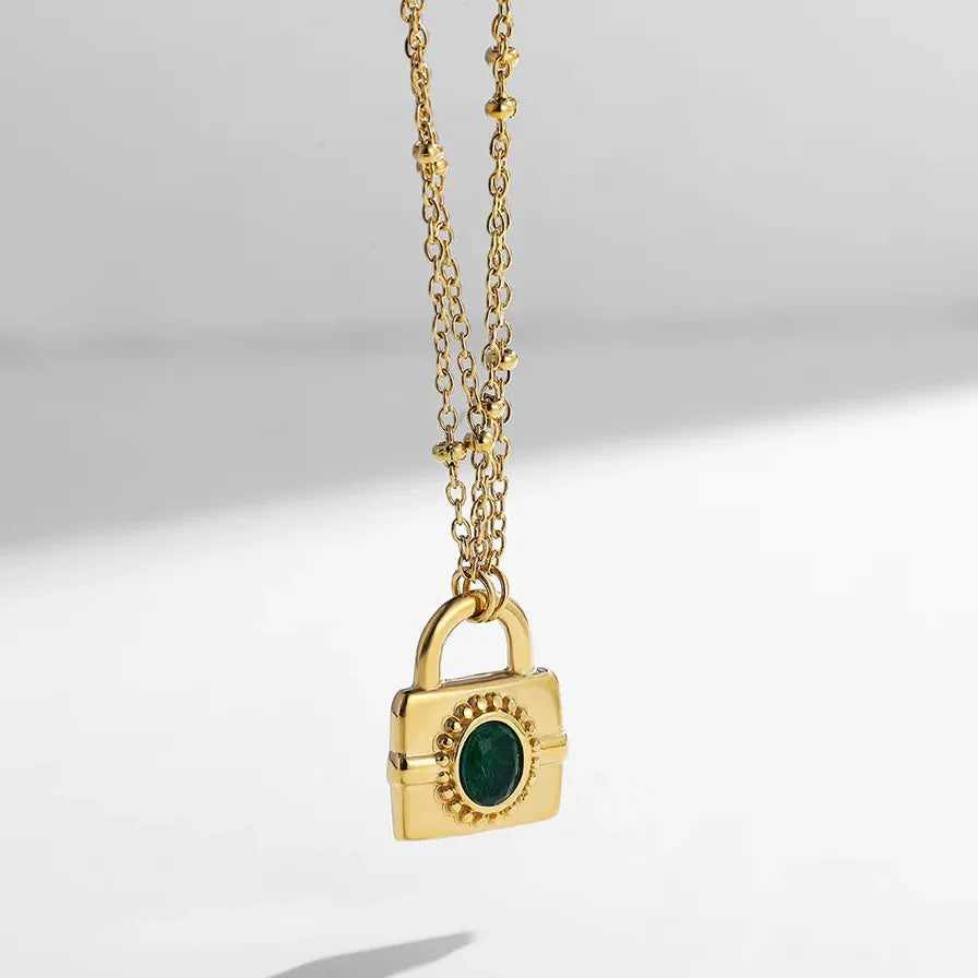 Vintage Green Crystal Heart Choker Necklace for Women Stainless Steel Chain