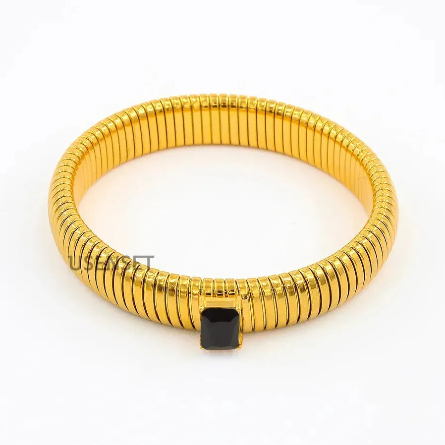 Hip Hop 18K Gold Plated Stainless Steel Wide Cuff Bracelet Crystal Bangle Jewelry