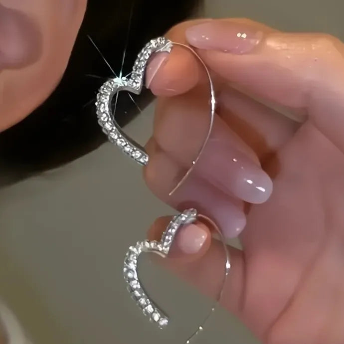 Silver CZ Heart Hoop Earrings for Women Copper Alloy Fashion Party Jewelry