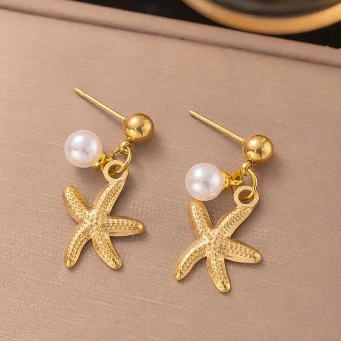 Stainless Steel Starfish Pearl Pendant Necklace Set for Women Gold Chain Gift