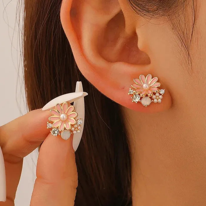 Yellow Daisy Zircon Pearl Stud Earrings for Women Vintage Gift Jewelry