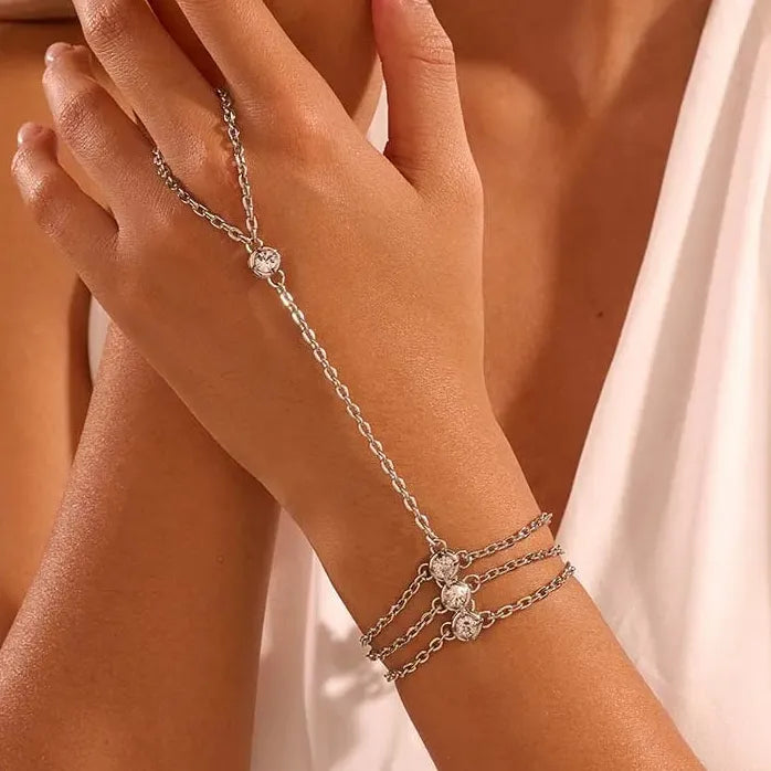 Fashion Metal Multilayer Hand Chain Link Ring Bracelet Women Wedding Jewelry