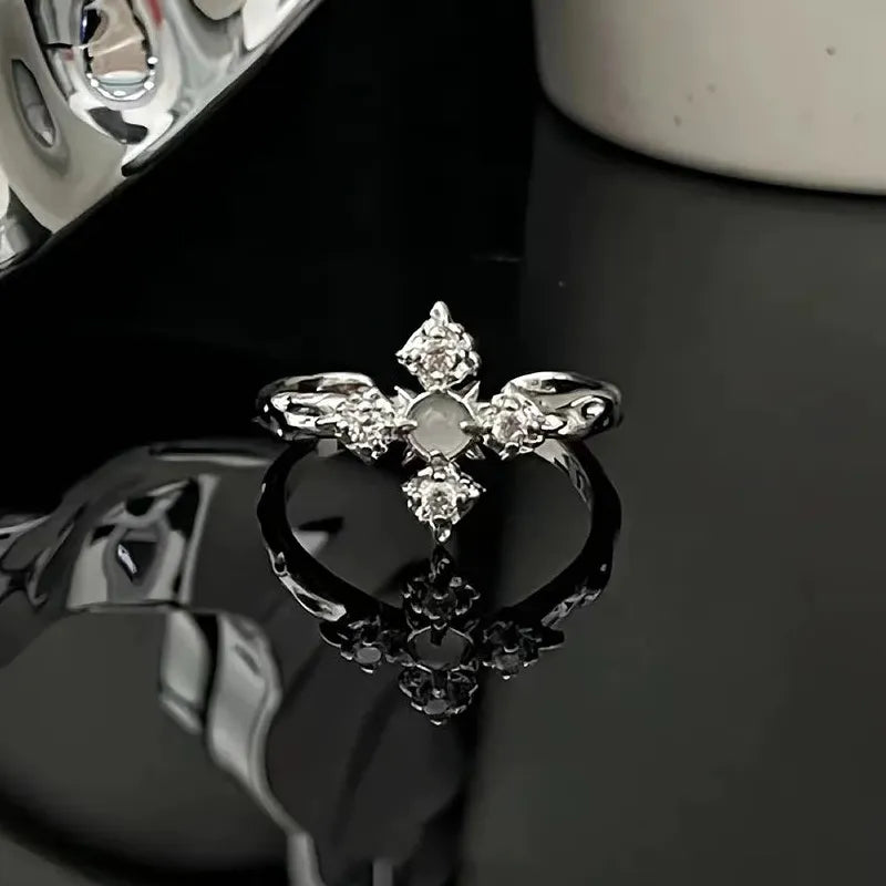 Copper Gothic Cross Ring Unisex Moonstone Irregular Punk Finger Jewelry