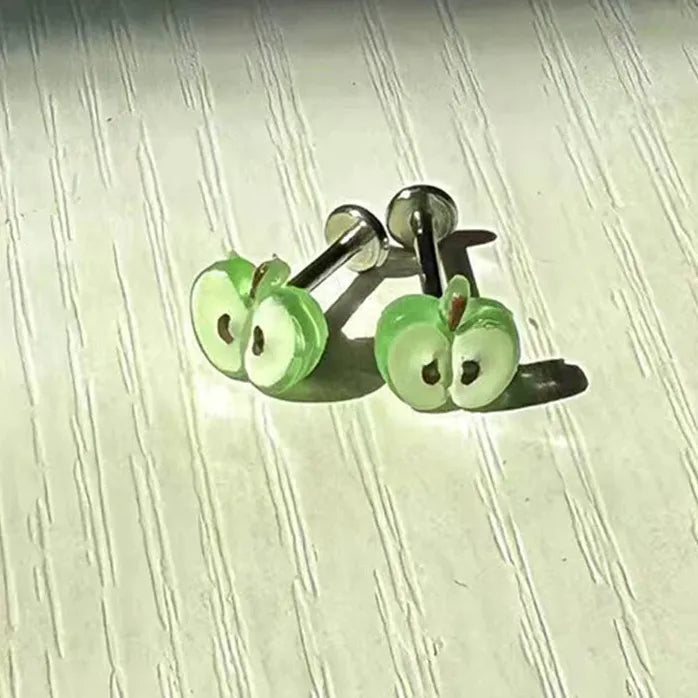 Green Apple Copper Earrings Heart and Slice Stud Set Unisex Jewelry