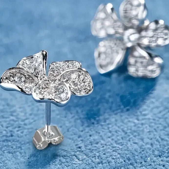 Silver Cubic Zirconia Geometric Flower Stud Earrings for Women