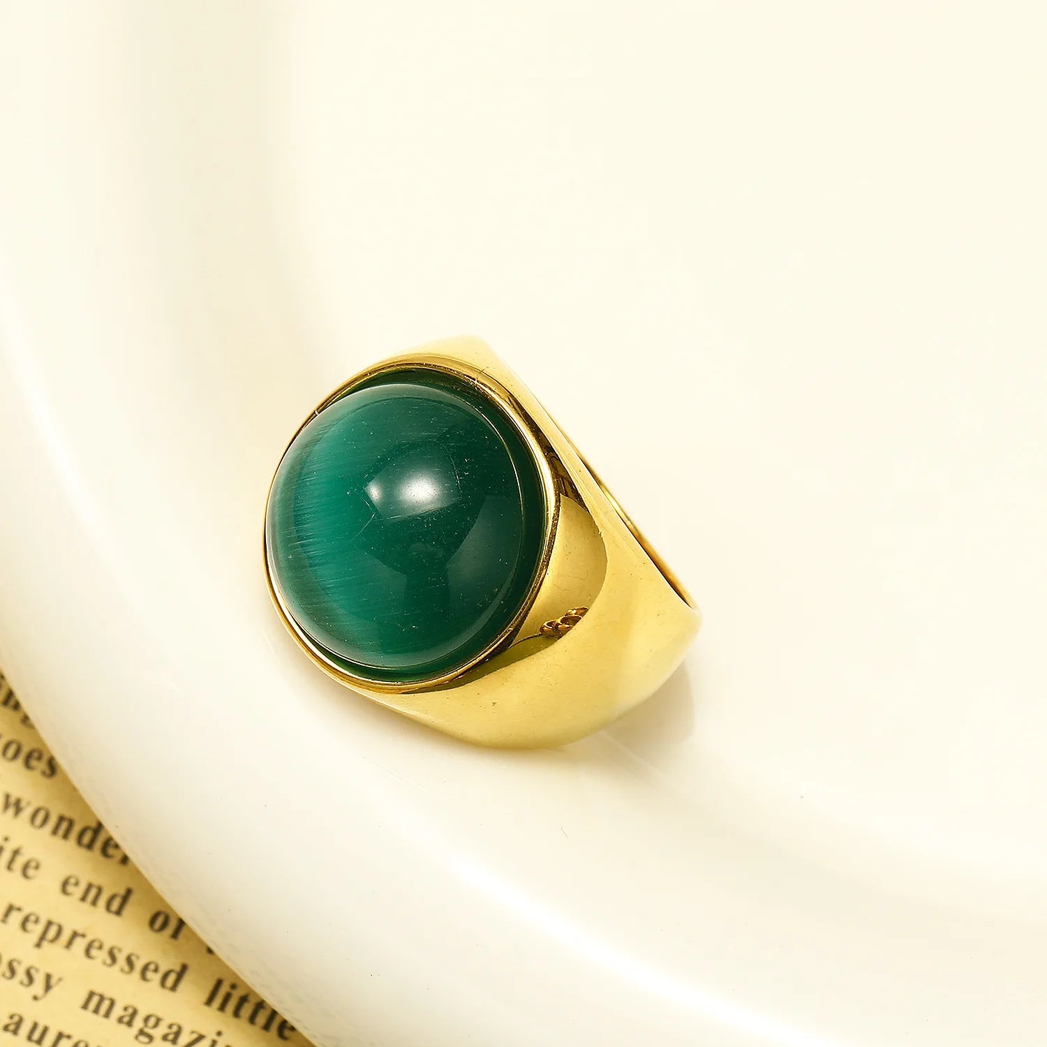 18K Gold Plated Stainless Steel Opal Cat's Eye Chunky Knuckle Ring Vintage Multicolor