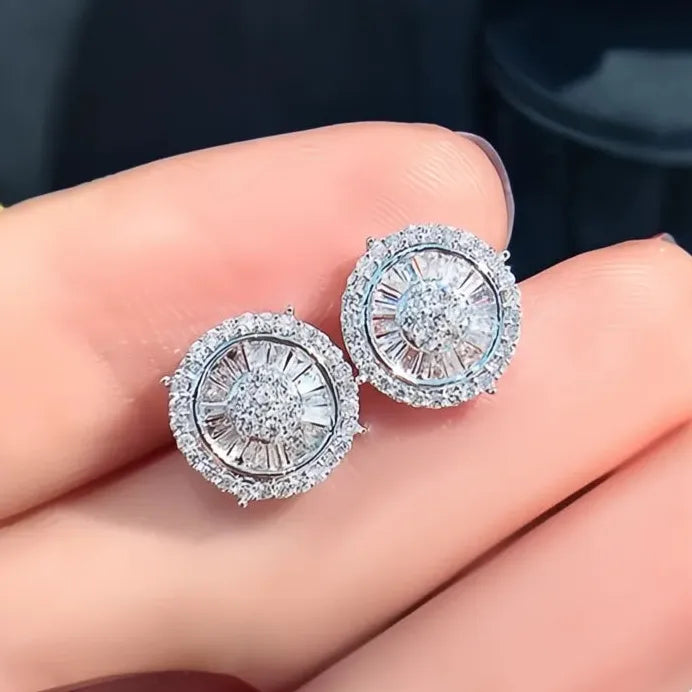 Geometric Round Stud Earrings with Sparkling CZ Cubic Zirconia for Women