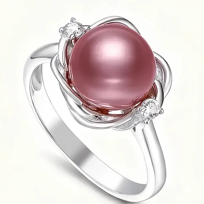 Silver Flower Ring with Pink Pearl & CZ Inlay Brass Cocktail Jewelry for Women