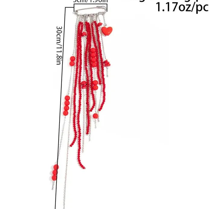 Red Crystal Heart Brooch with Tassel Chain Pendant Jewelry for Women Men