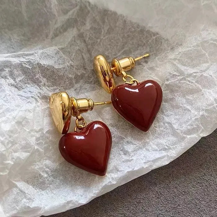 Red Heart Dripping Oil Dangle Earrings for Women Girls Zinc Alloy Enamel