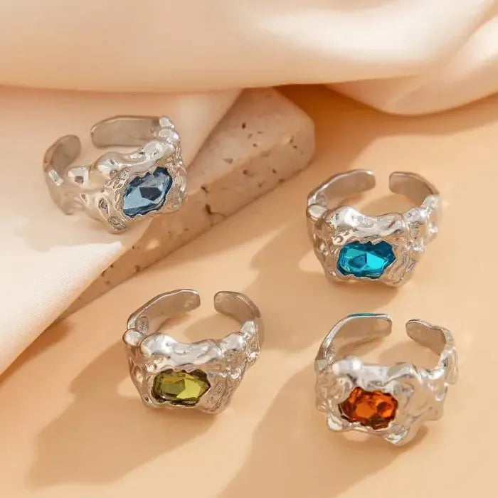 Folded Lava Metal Zircon Adjustable Rings Set Vintage Punk Jewelry Men Women