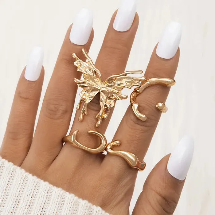 Silver Metal Liquid Butterfly Rings Set Women Gothic Punk Jewelry