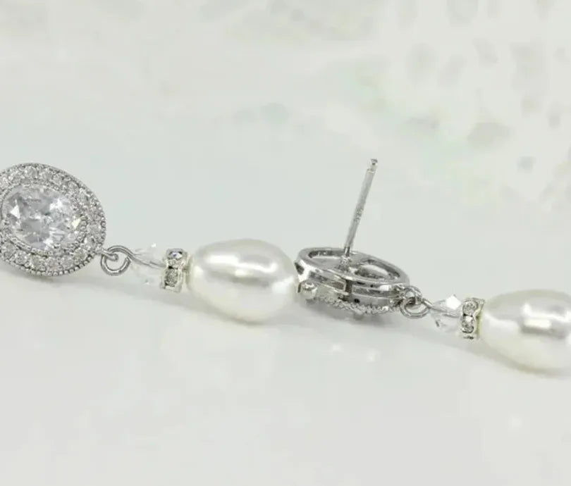 Silver Princess Cut Oval Zircon Earrings with Imitation Pearl Pendant for Women
