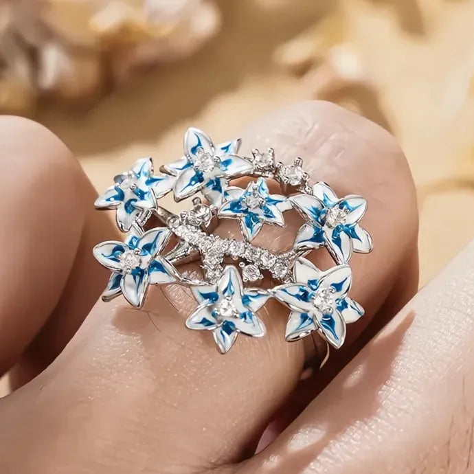 Blue Flower Women Ring Shiny CZ Inlaid Brass Cocktail Party Anniversary Gift