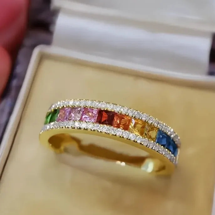 Women's Multi-Colored Square Cubic Zirconia Engagement Ring in Brass