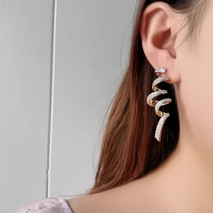 Geometric Spiral Drop Earrings Copper Alloy Cubic Zirconia Silver Gold