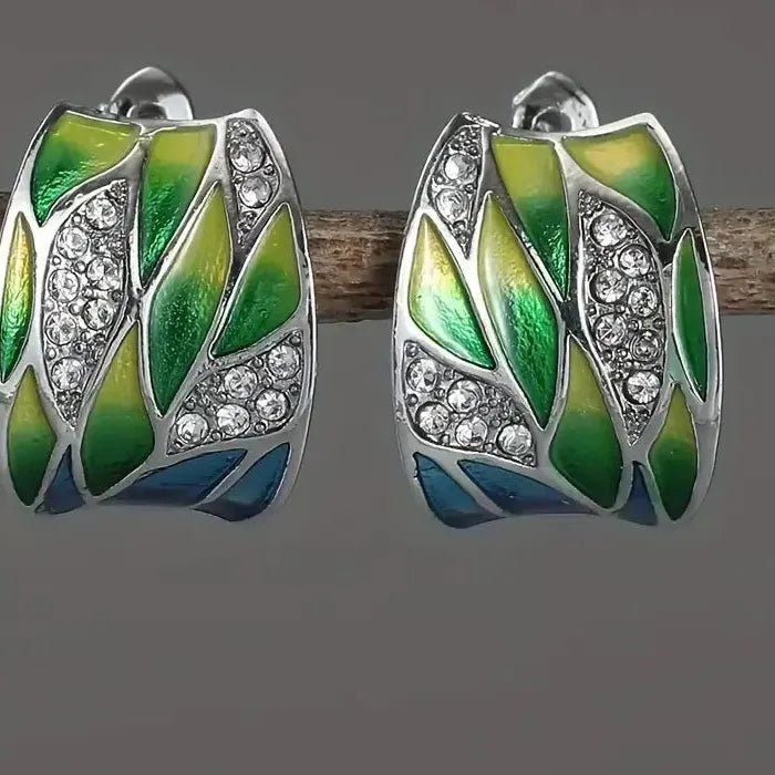 Elegant Leaf Print Drop Earrings with Zircon Silver Bohemian Jewelry for Women