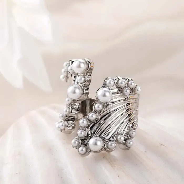 Adjustable Korean Silver Pearl Open Ring for Women Girls Fashion Jewelry
