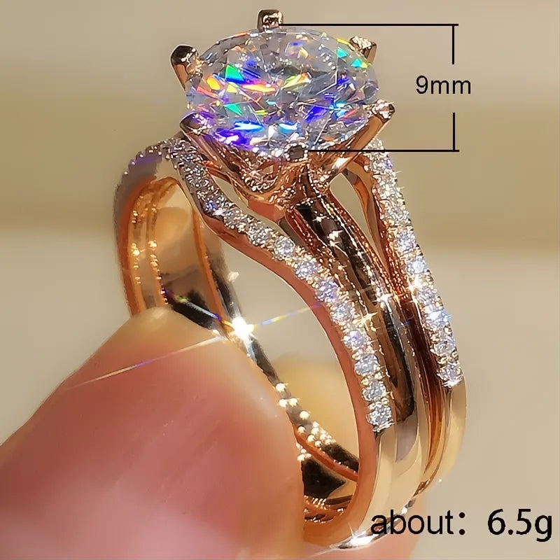 Unique Rose Gold Cubic Zirconia Rings for Women Classic 6 Claw Prong Wedding Engagement Bands