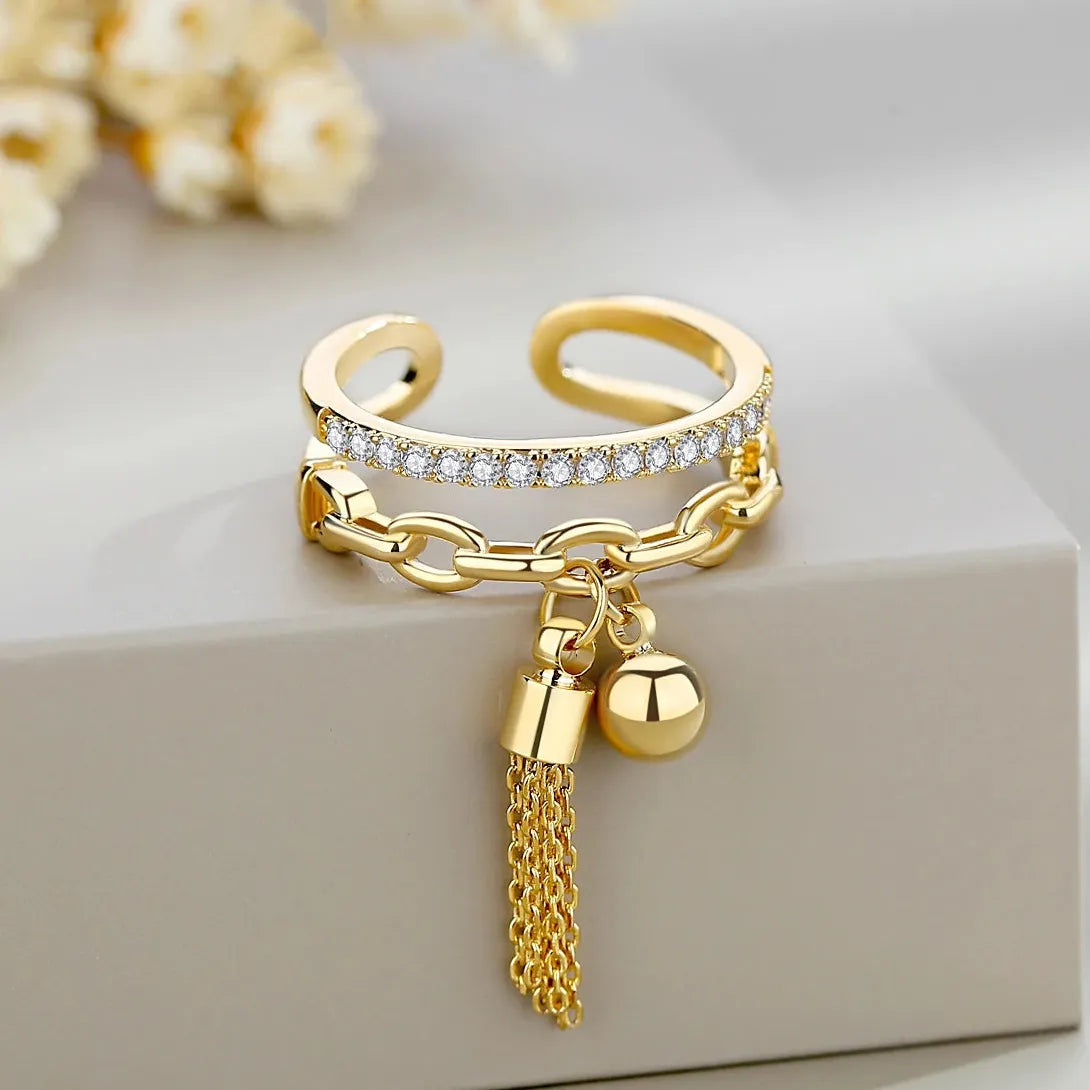 Gold-Color Adjustable Tassel Ring with Rhinestones Zinc Alloy Jewelry Gift