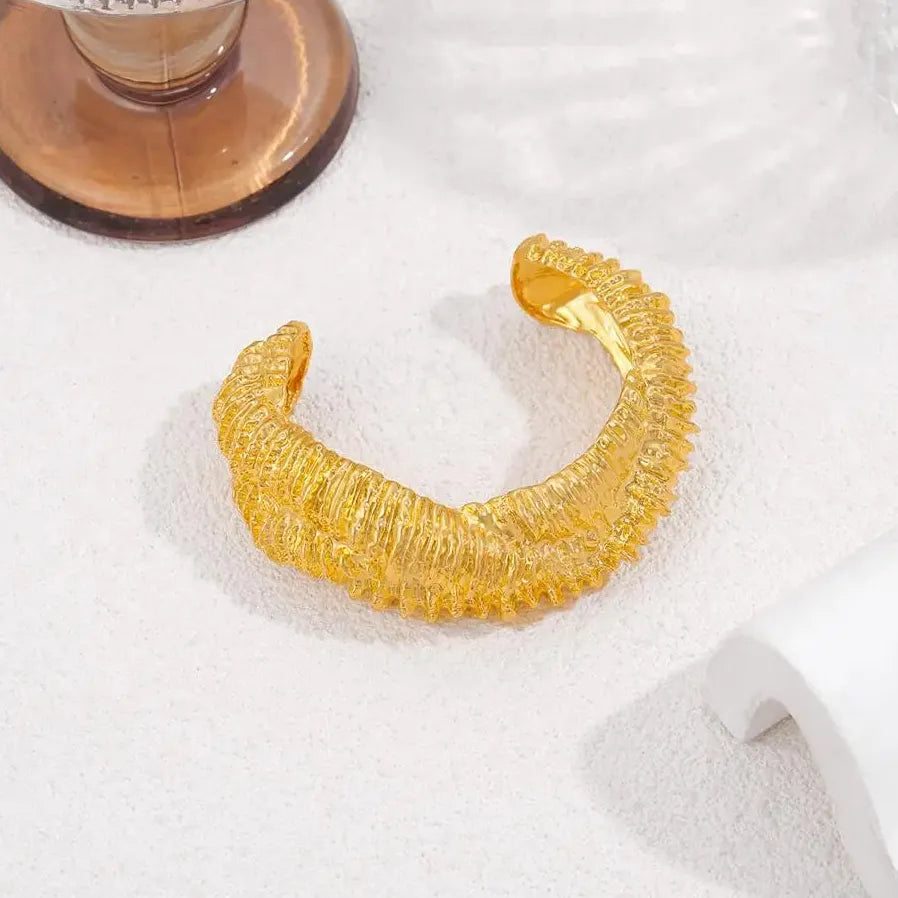 18K Gold Plated Hip-Hop Rock Lava Textured Chunky Open Cuff Bracelet