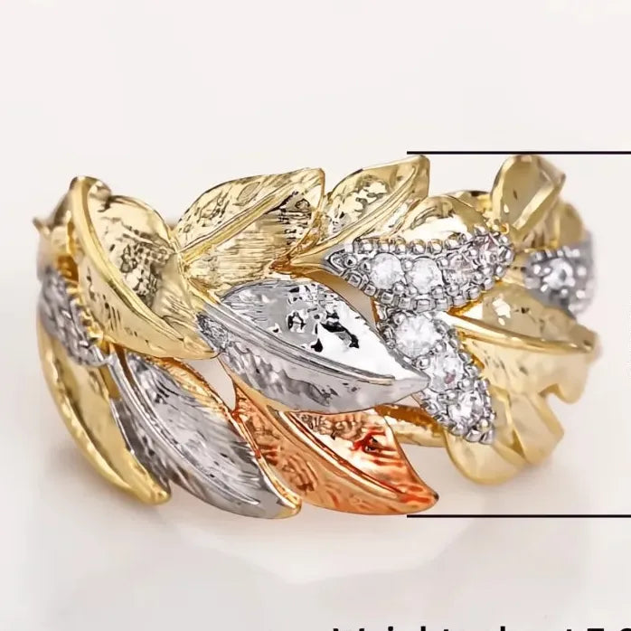 Three-Tone Leaf Cubic Zirconia Wedding Band Ring for Women Brass Jewelry