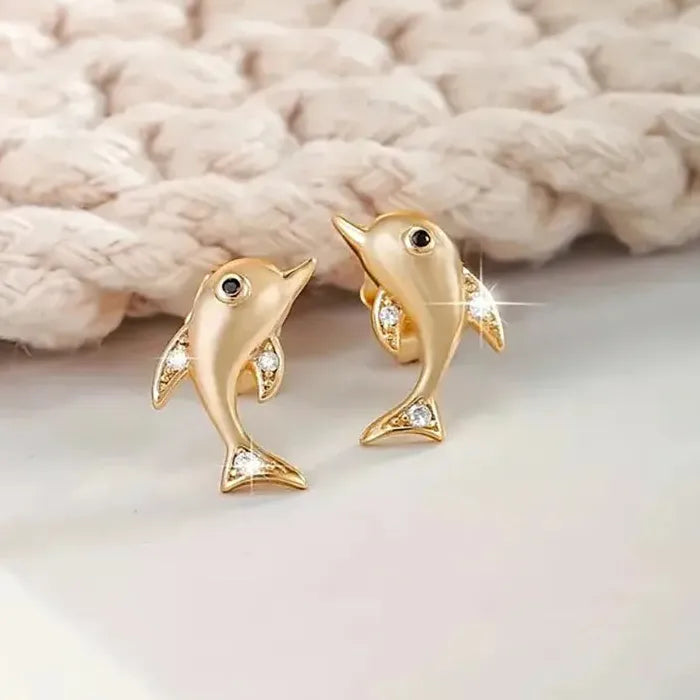 Gold Copper Metal Dolphin Stud Earrings for Women, High-Quality Jewelry Accessory