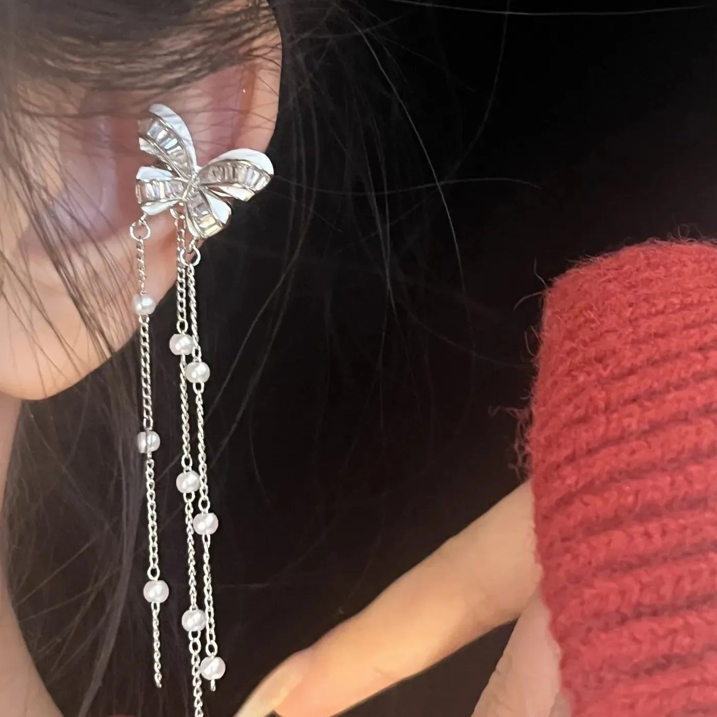 Y2K Rhinestone Star Clip Earrings Long Tassel Non-Piercing Jewelry Accessory