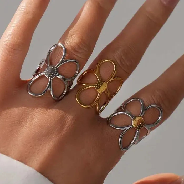 Stainless Steel Daisy Flower Ring for Women Gold Silver Open Stylish Jewelry Gift