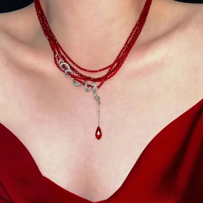 Acrylic Gothic Snake Pendant Necklace for Men Women Punk Red Crystal Beads