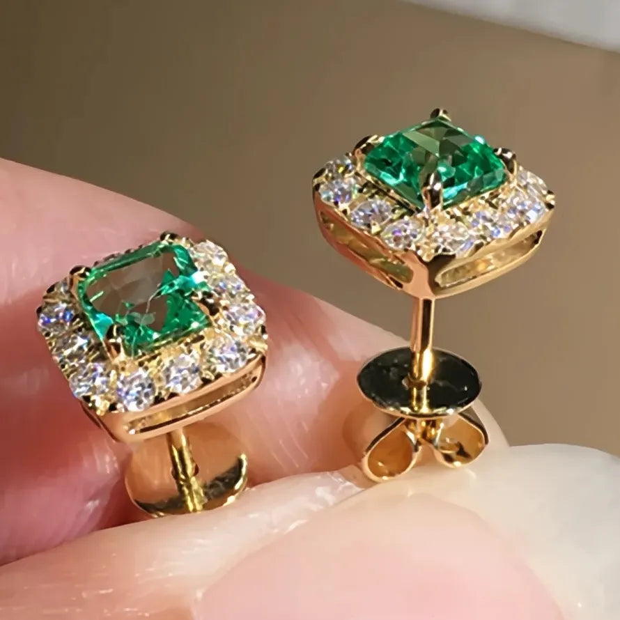 Green CZ Square Stud Earrings Gold Color Brass Luxury Wedding Jewelry