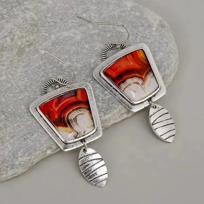 Handmade Boho Drop Earrings for Women Natural Stone Hook Ancient Design Gift
