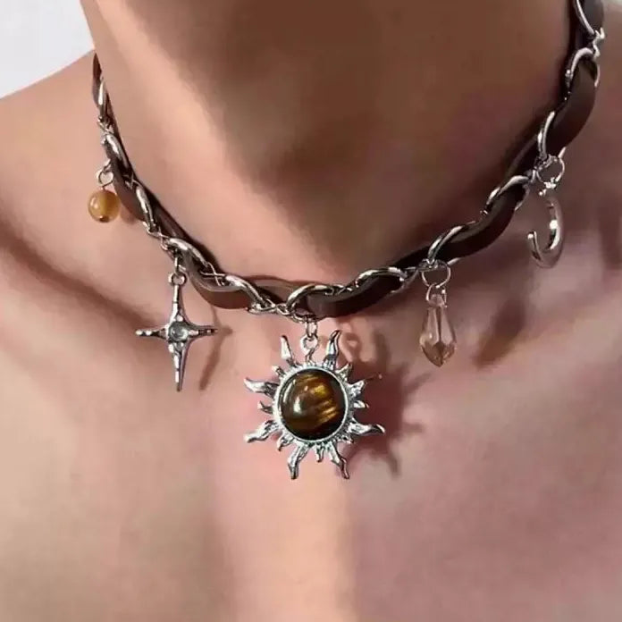 Retro Y2K Brown Opal Sun Geometric Circle Pendant Necklace Men Women Hip Hop Grunge Jewelry