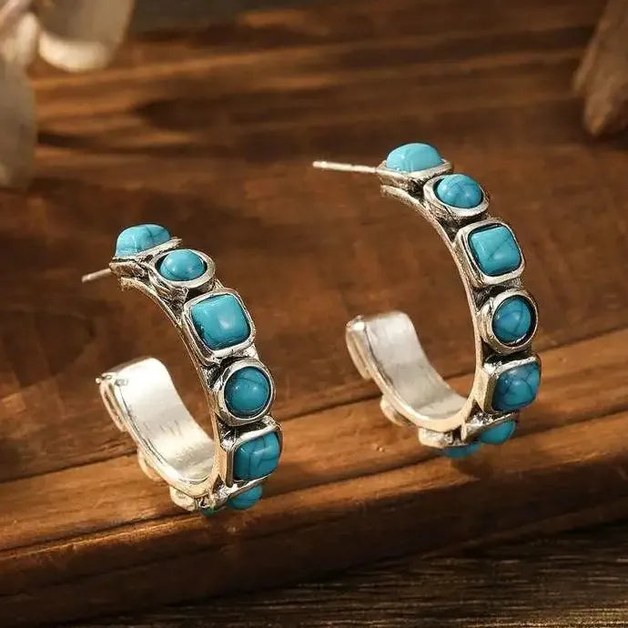Retro Women's Geometric Turquoise C-Shaped Hoop Earrings Zinc Alloy Jewelry