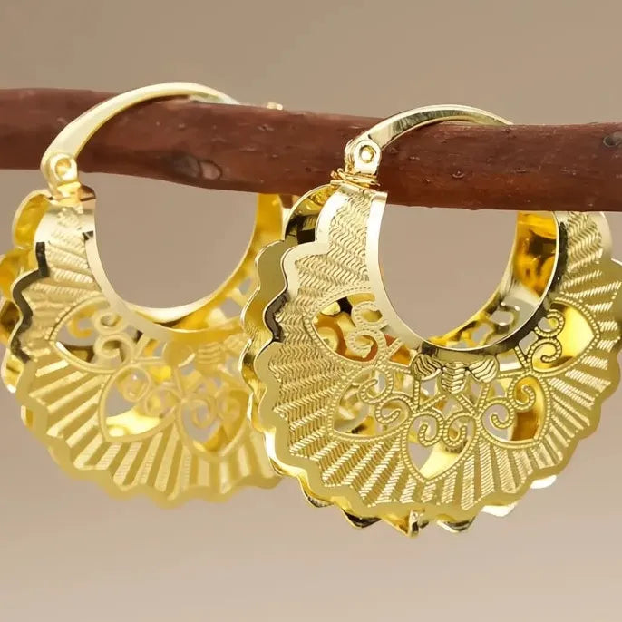 Geometric Hollow Out Copper Alloy Hoop Earrings Gold Color Wedding Jewelry