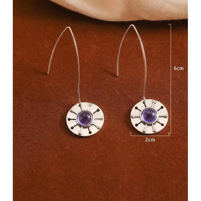 Vintage Silver Metal Purple Stone Circular Pendant Drop Earrings for Women