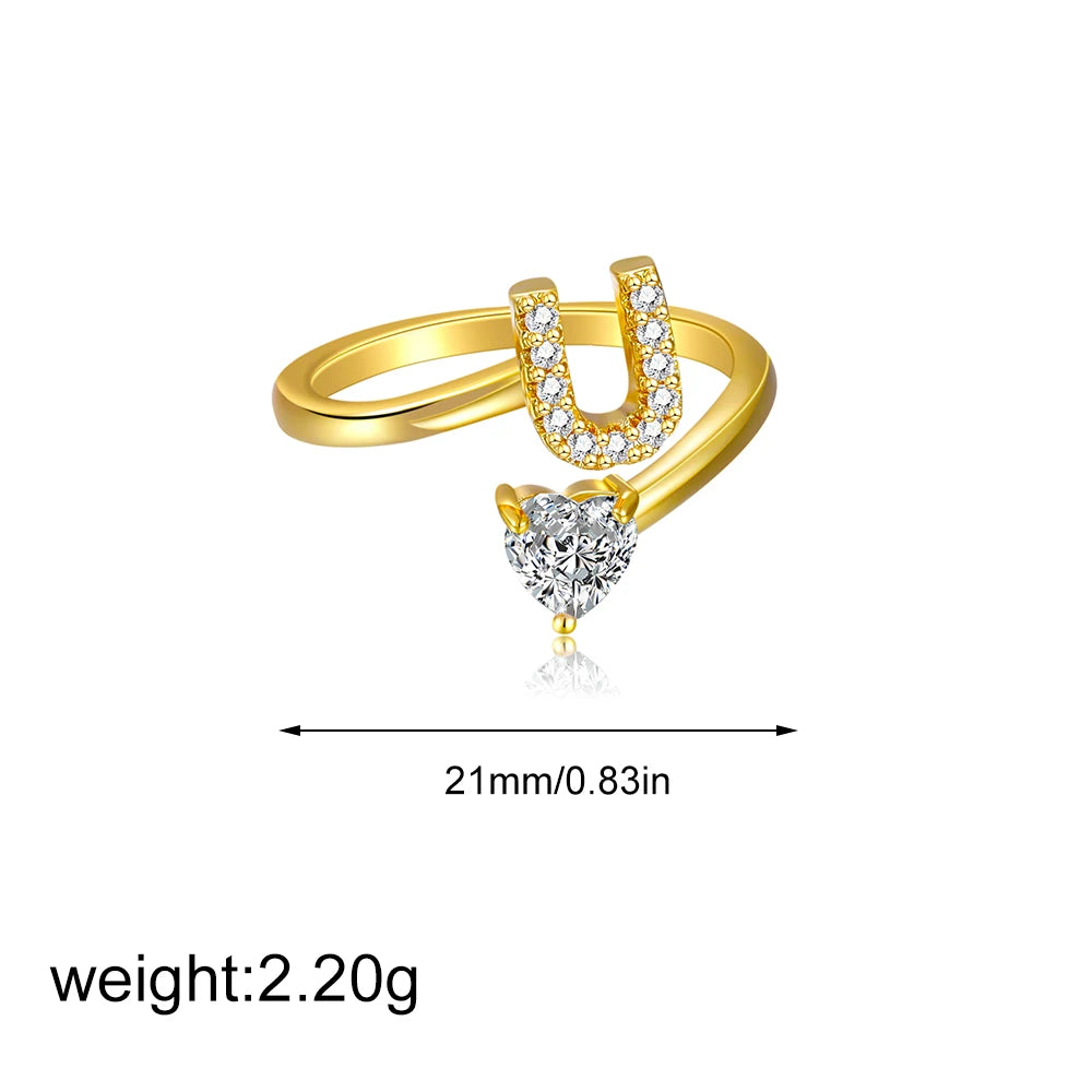 Polished Gold Plated Copper A-Z Letter Initial Ring with Zircon Heart Wedding Jewelry