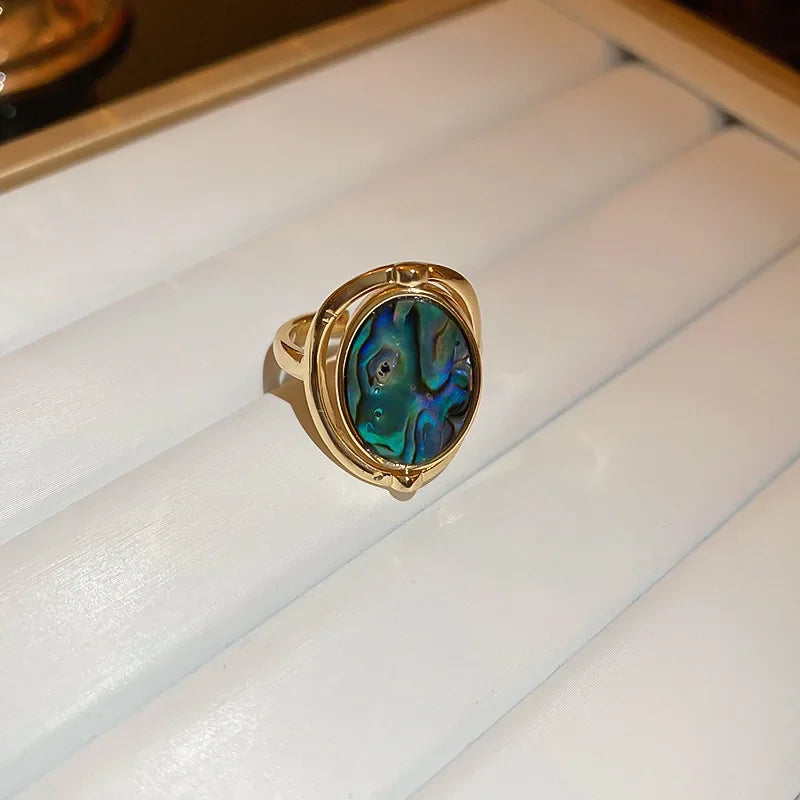 Rotatable Double Sided Opal Ring Women Stainless Steel Geometric Statement Jewelry